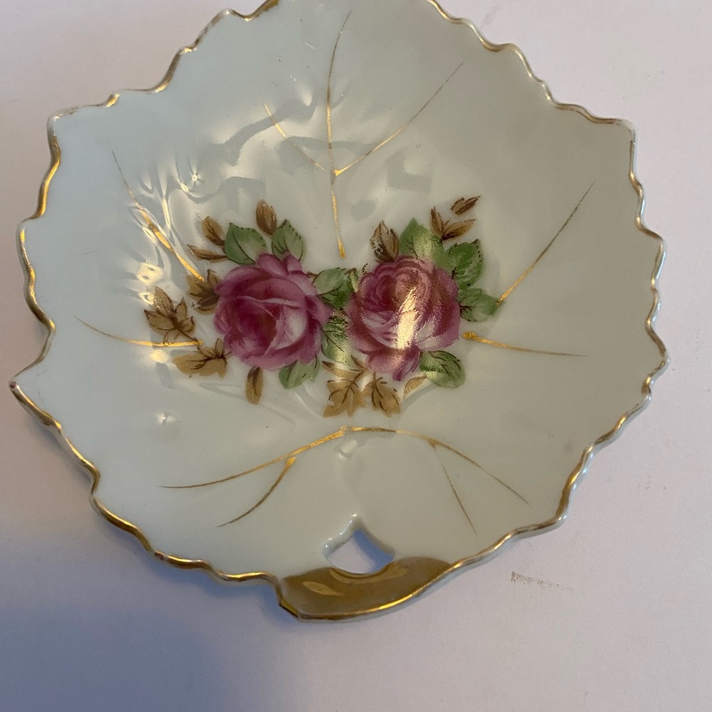 Japan Floral Trinket Dish Made in Japan Maple Leaf With Purple Roses &Gold Trim